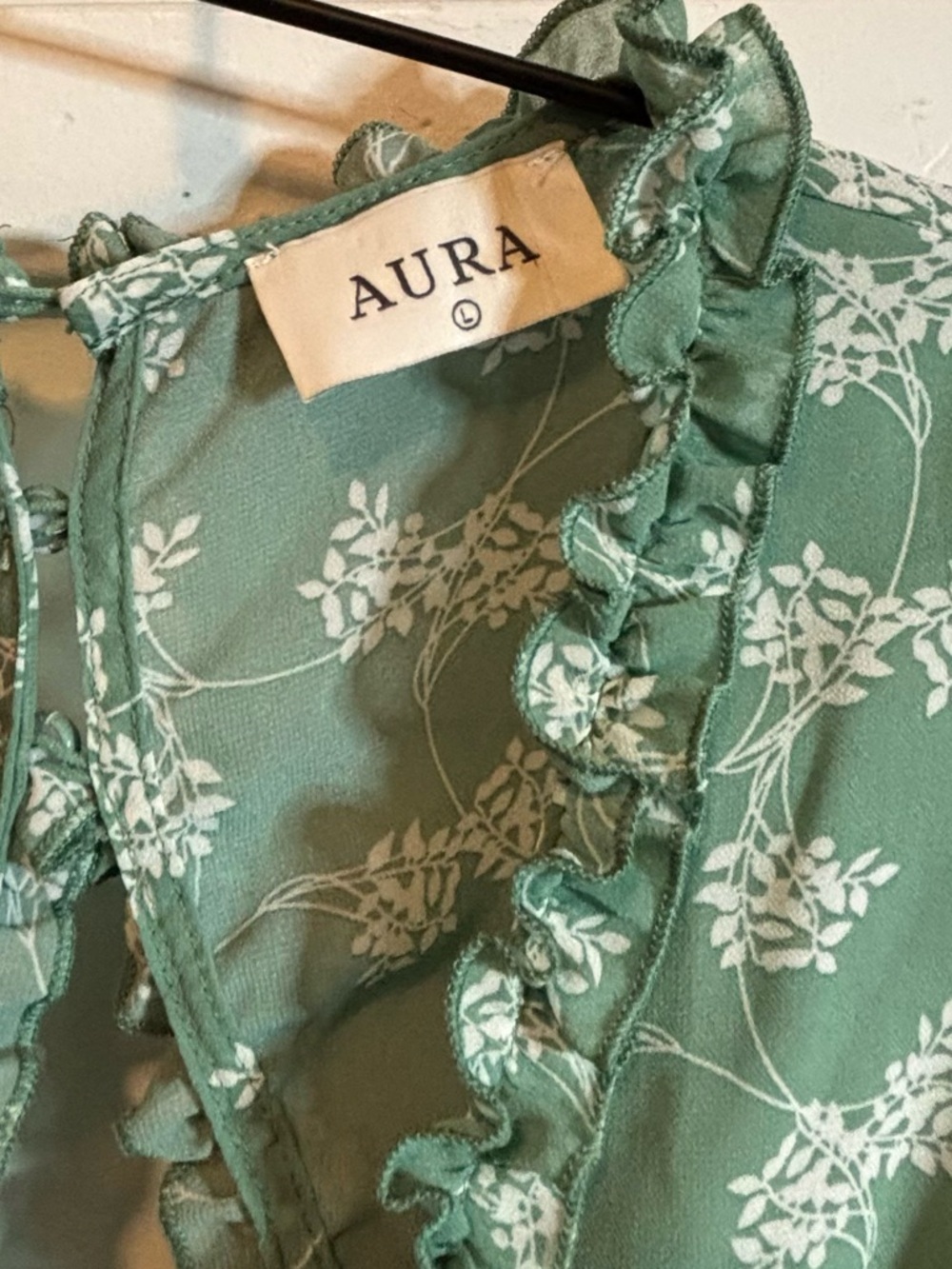 Aura Floral Ruffle Mini Dress Sage Green Boho Open Back Long Sleeve Large - Picture 5 of 15